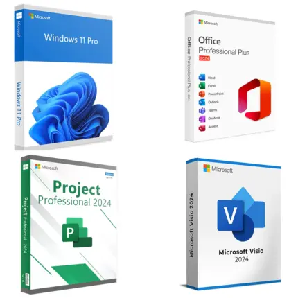 Pachet 4 in 1: Licente digitale Windows 11 PRO + Office 2024 PRO PLUS + Visio 2024 + Project 2024