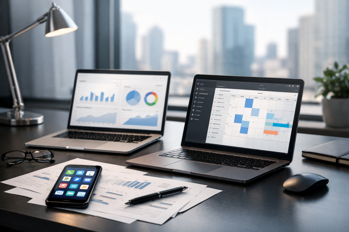 Echipă de birou cu laptopuri și documente: Abonamente Office 365 pentru productivitate