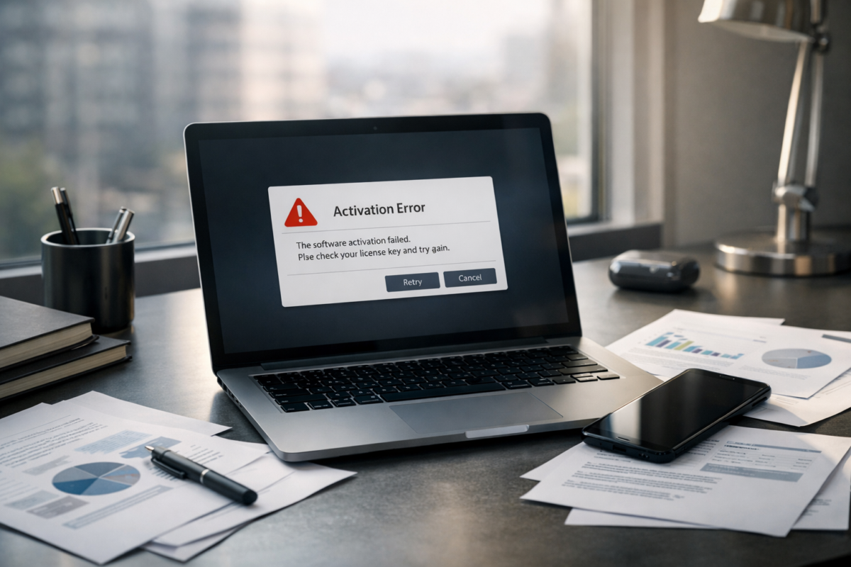 Laptop pe birou cu ecran de eroare la activare, activare bitdefender total security
