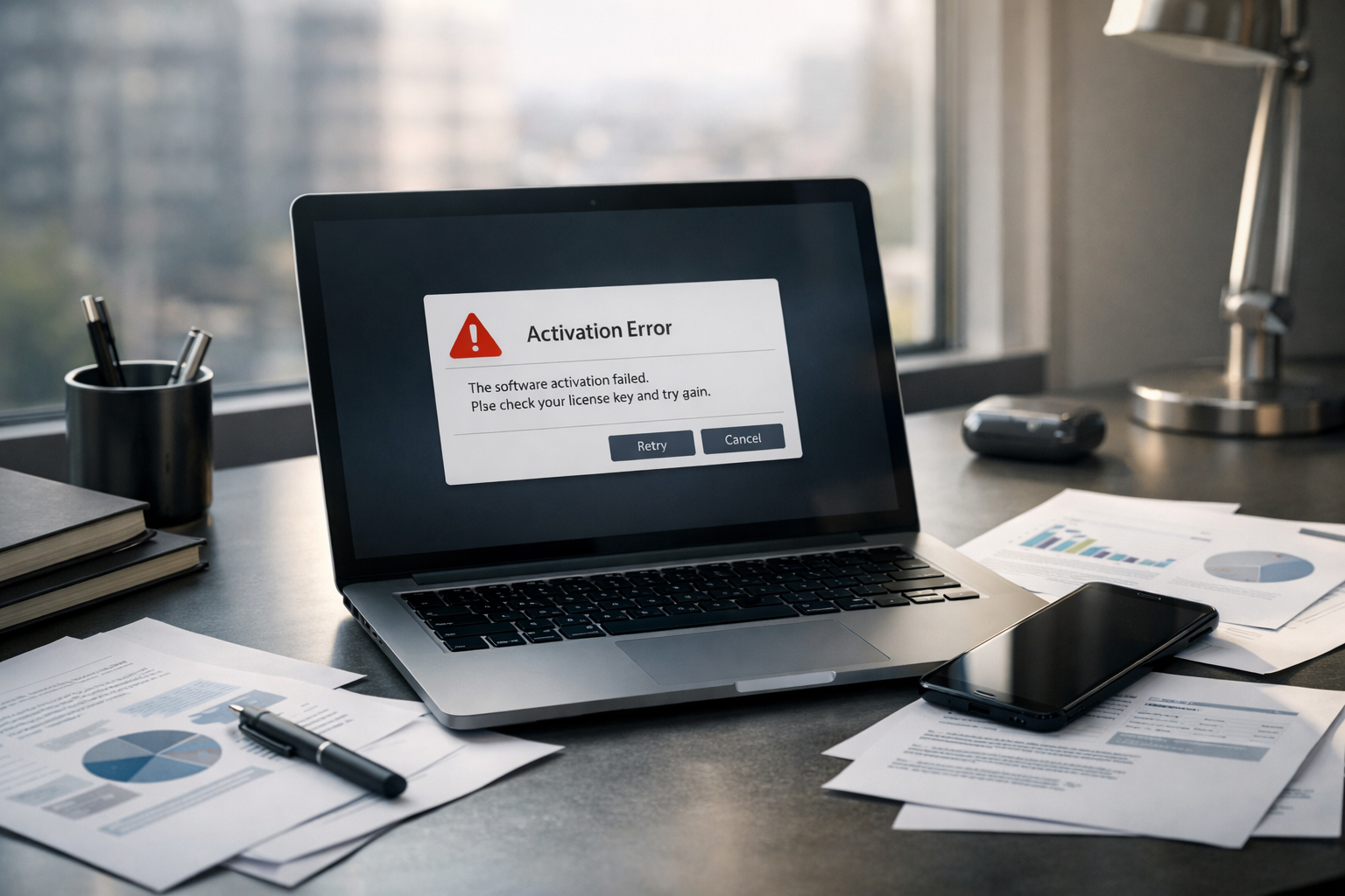 Laptop pe birou cu ecran de eroare la activare, activare bitdefender total security