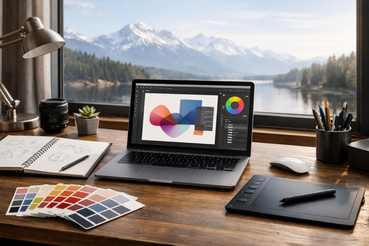 Station de lucru modernă pentru Creativitate & Design cu laptop și sketchbook