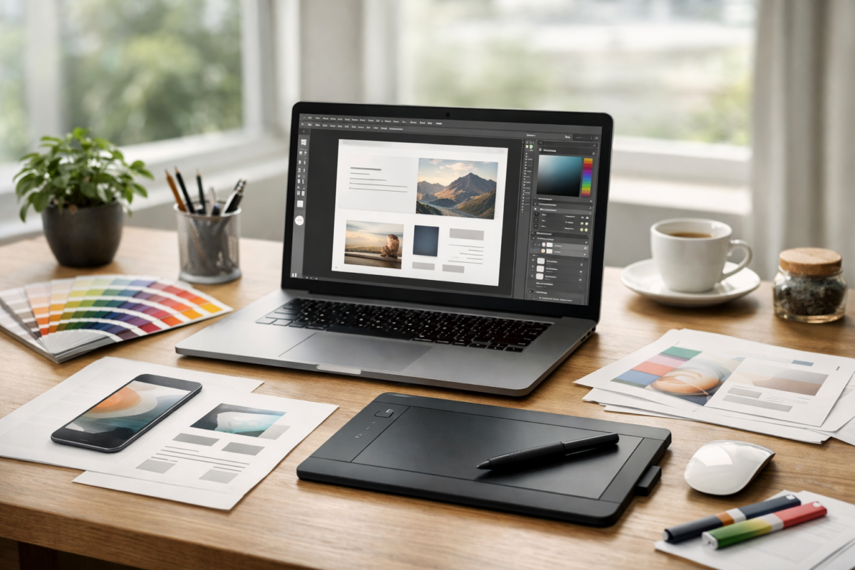Workspace modern pentru Creativitate & Design: laptop, tabletă grafică, schițe pe birou