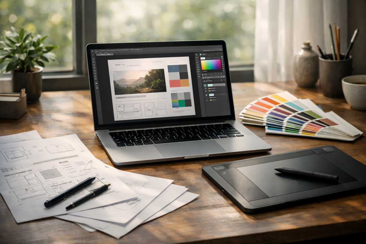 Echipă la birou lucrând la proiecte de Creativitate & Design, workstation modern
