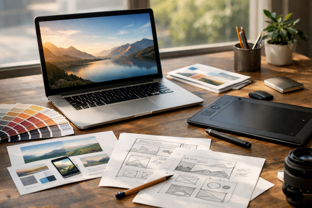 Workstation pentru proiecte Creativitate & Design cu laptop, tabletă grafică și schițe