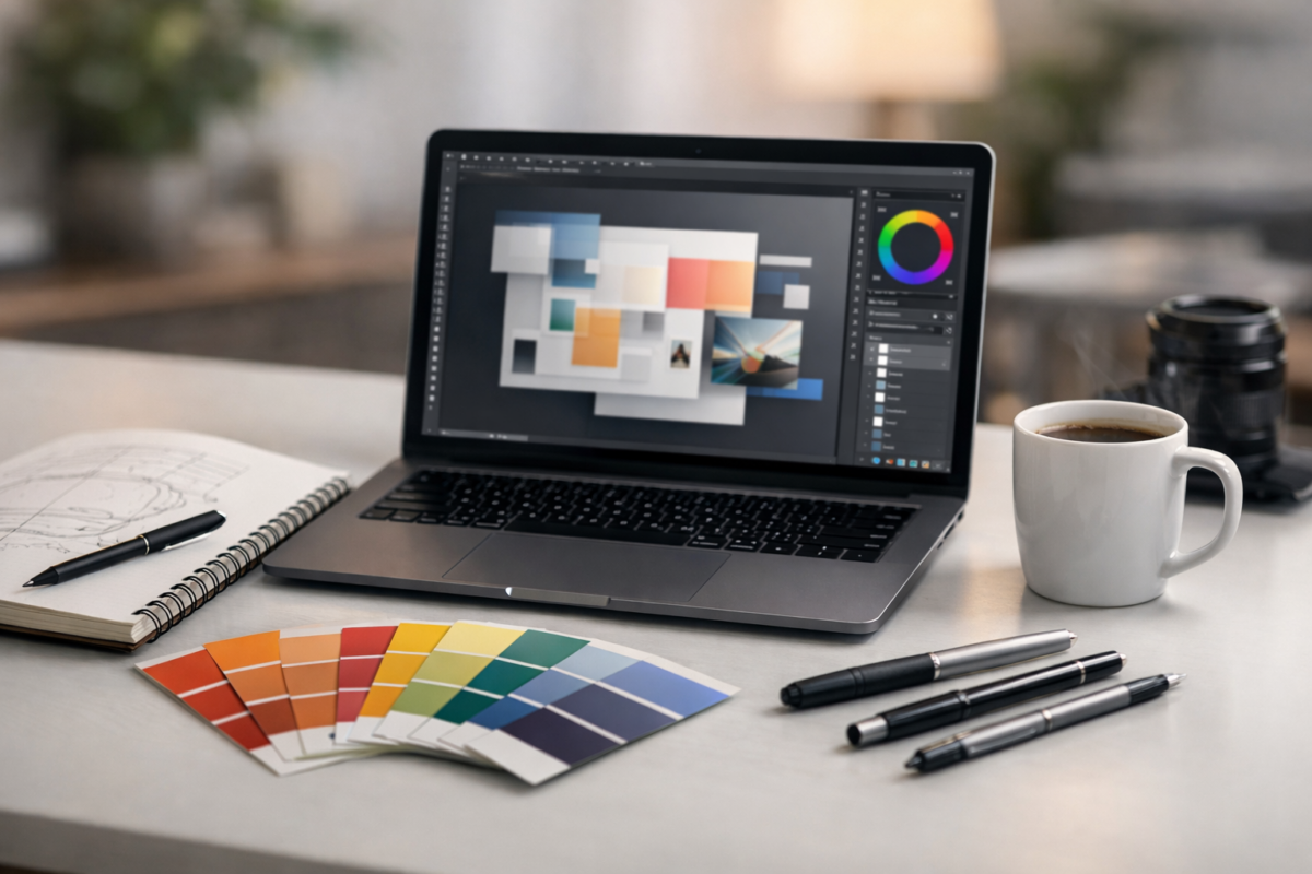 Workspace pentru Creativitate si Design cu laptop, schițe și culori