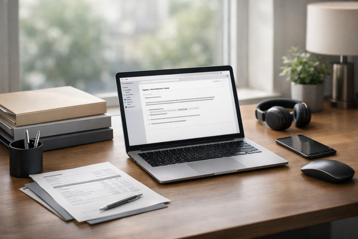 documente licenta software: birou cu laptop, documente electronice și arhivare