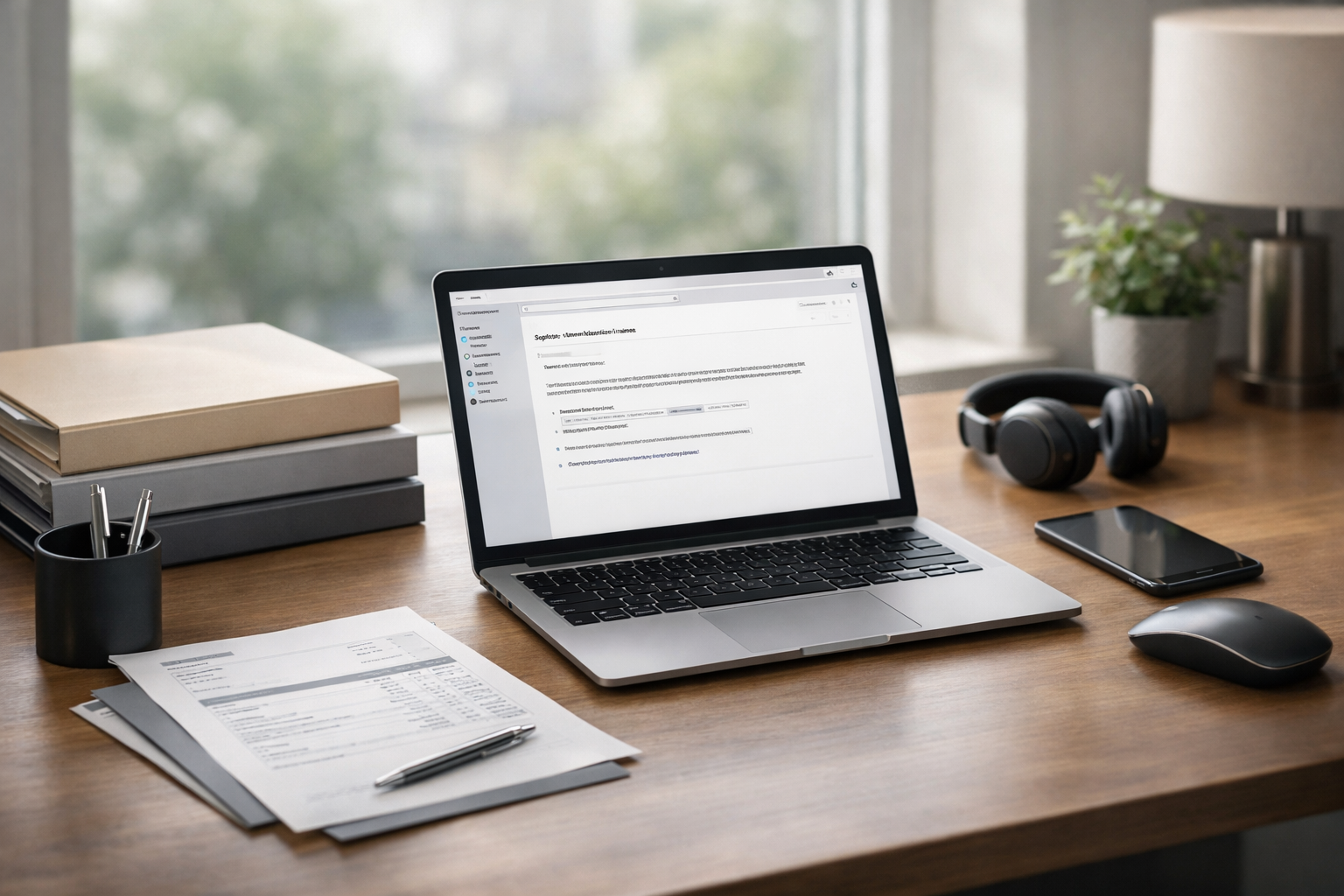 documente licenta software: birou cu laptop, documente electronice și arhivare