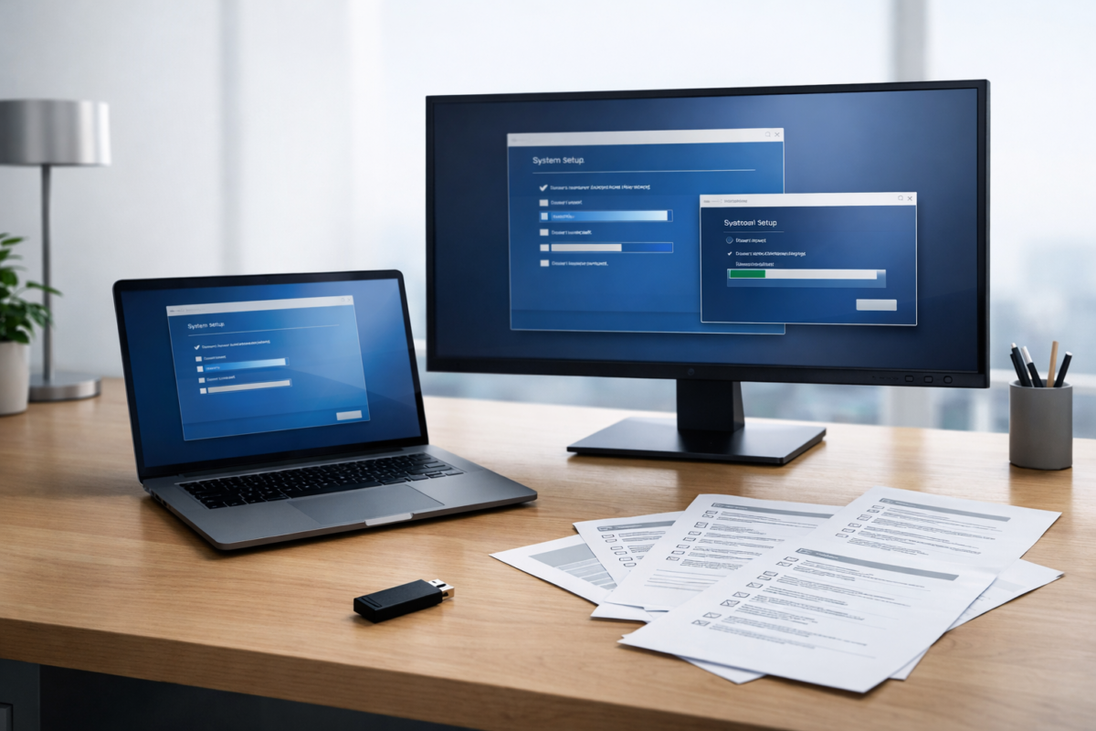 Workstation pregătit pentru instalare pachet software, cu documentație și chei digitale