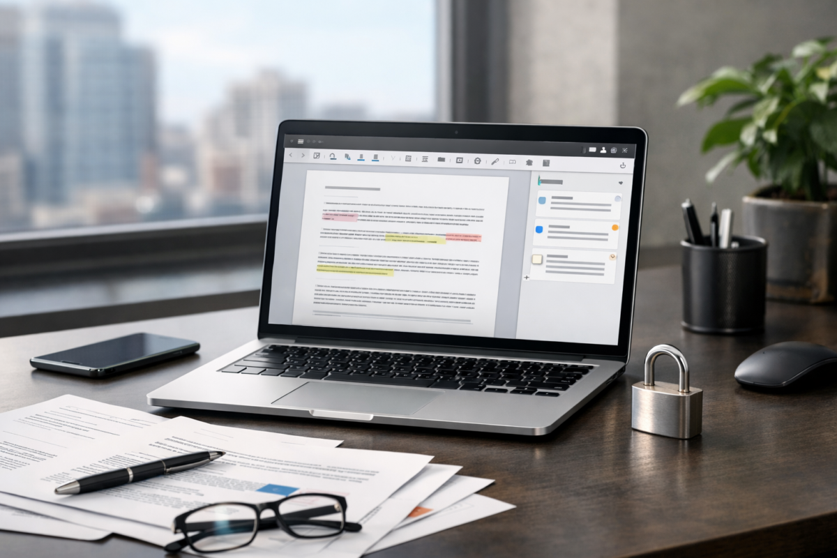 licenta originala acrobat pro pe birou cu laptop si documente