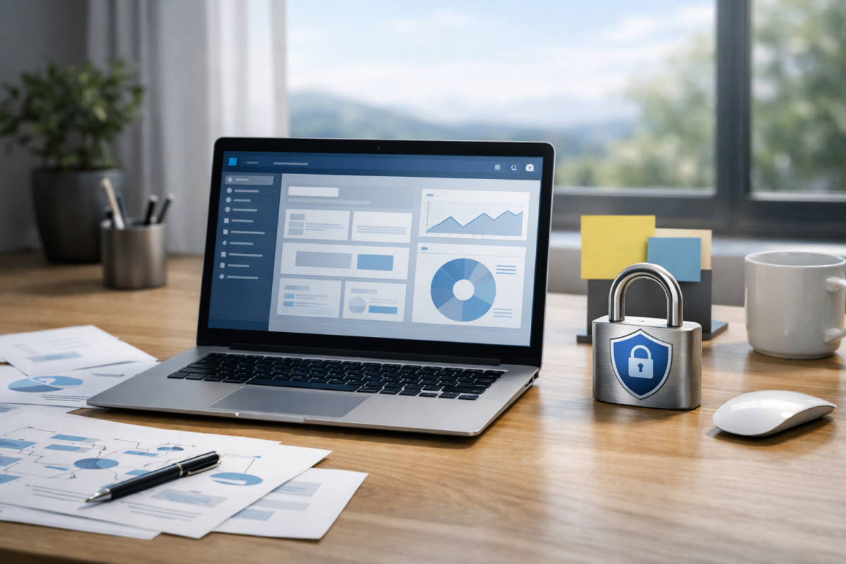 licenta software securitate – workstation cu laptop, documente și simboluri de securitate