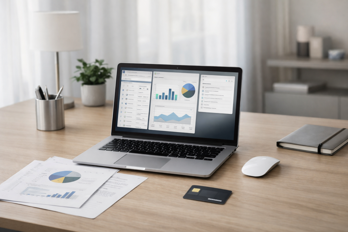 Imagine reprezentativă pentru Licente Microsoft Office: workstation modern cu laptop și documente pe birou