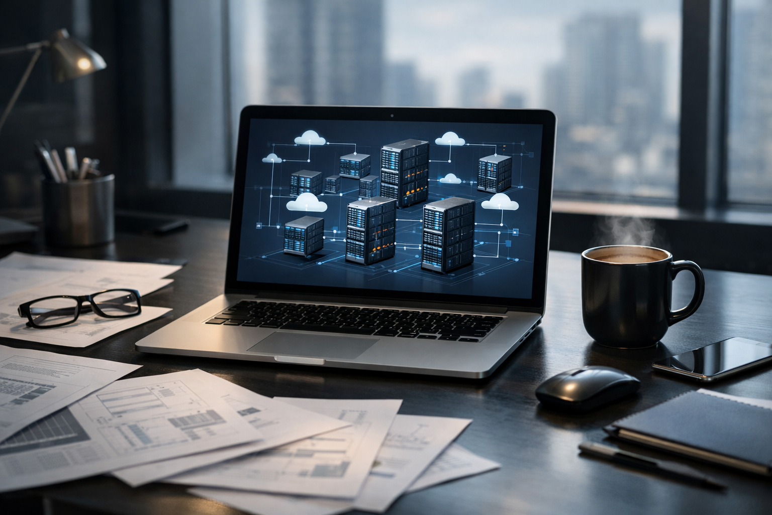 Workspace cu documente si laptop pentru Licente Windows Server