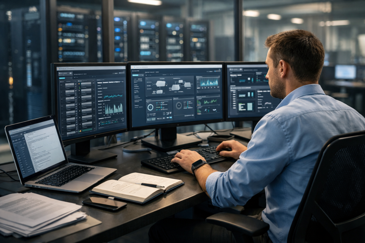 Administrator IT verificând Licente Windows Server pe ecran