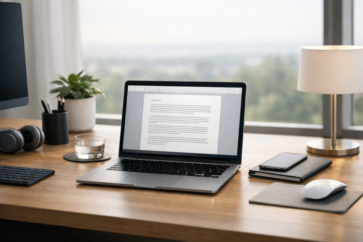 Workstation cu laptop Mac și document Word deschis - Office pentru Mac