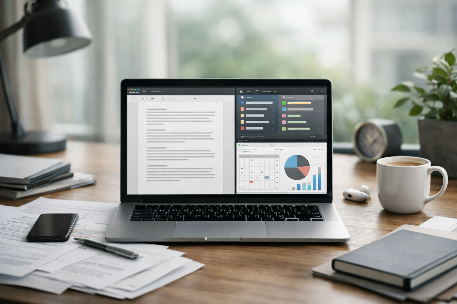 Office pentru Windows — workstation cu laptop și documente deschise