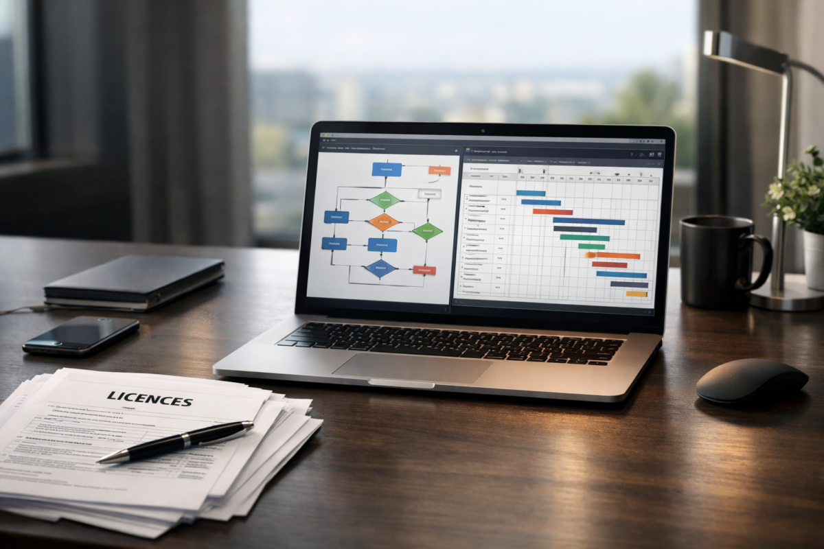pachet 4 in 1 pentru licente digitale pe birou cu laptop si documente