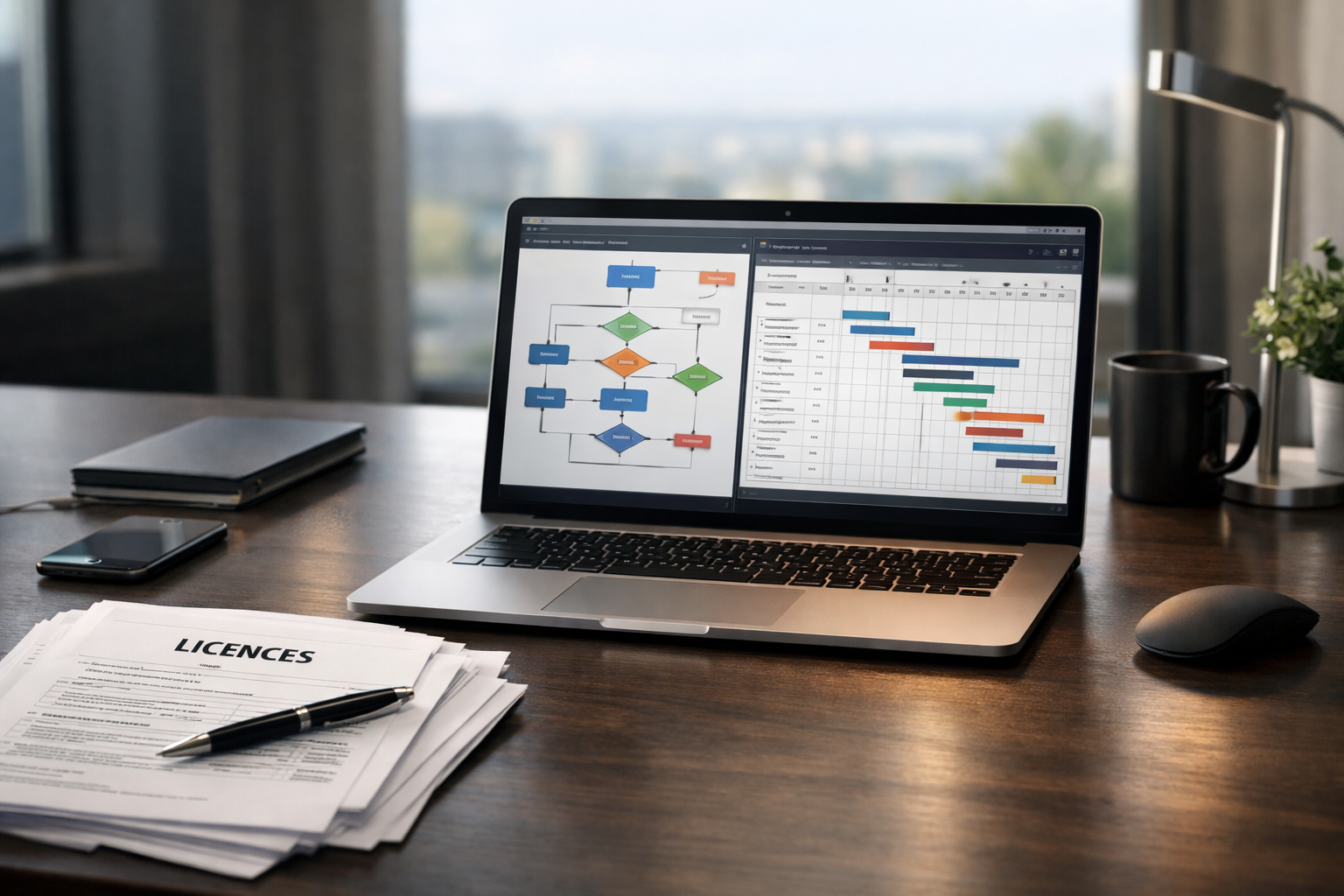 pachet 4 in 1 pentru licente digitale pe birou cu laptop si documente
