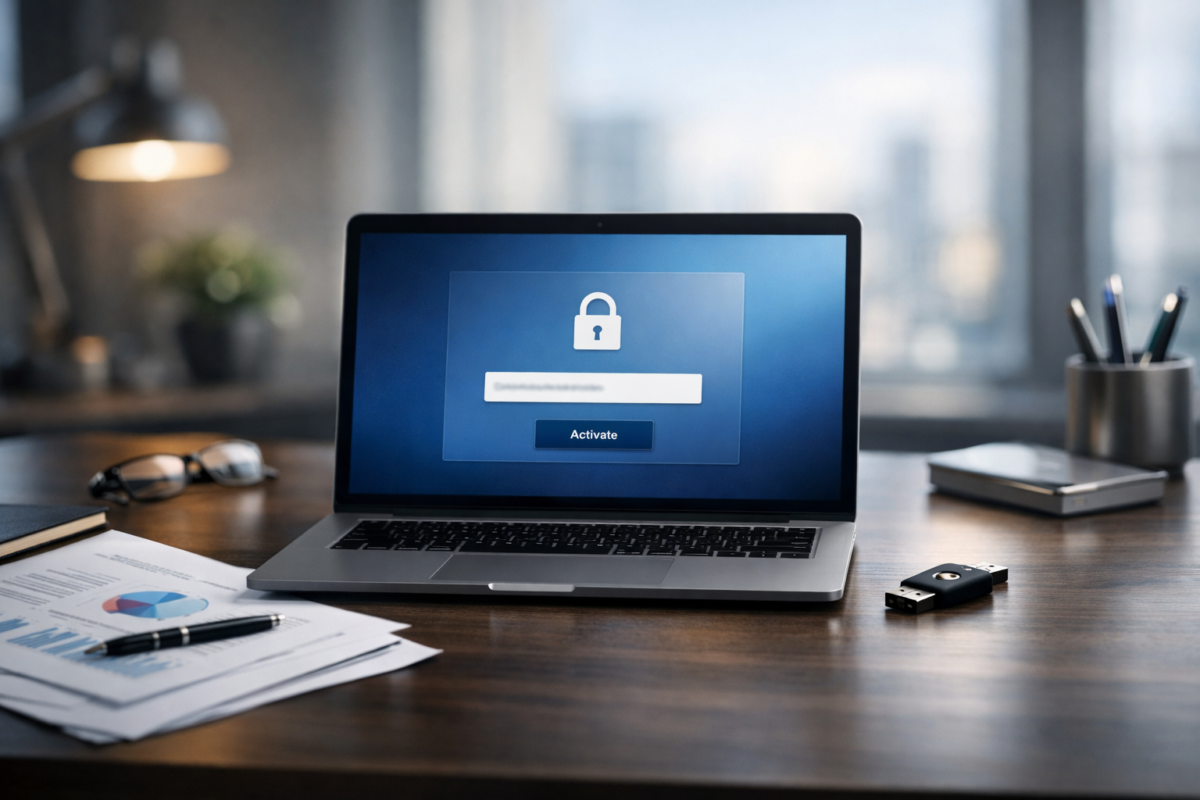 pachet licente digitale pe birou: laptop, documente si securitate
