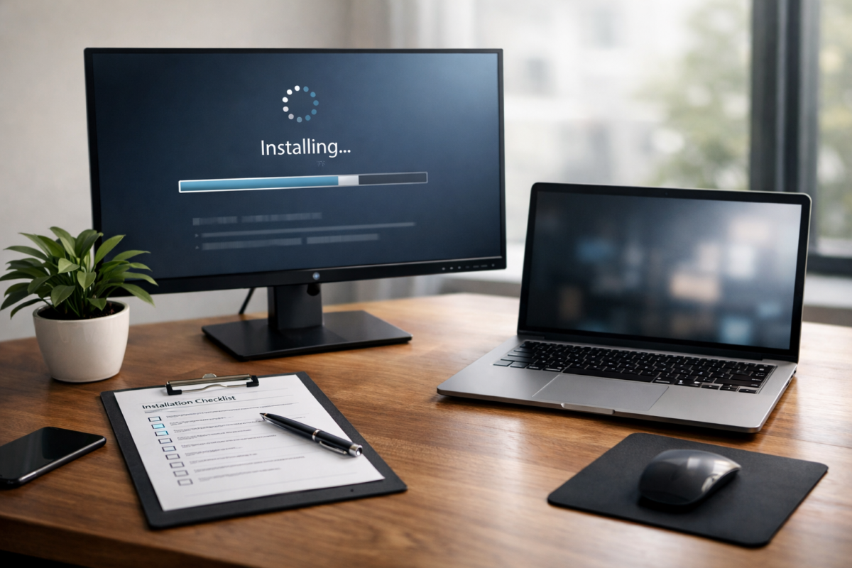 Pachet licente Microsoft - workstation cu laptop și documente pentru instalare