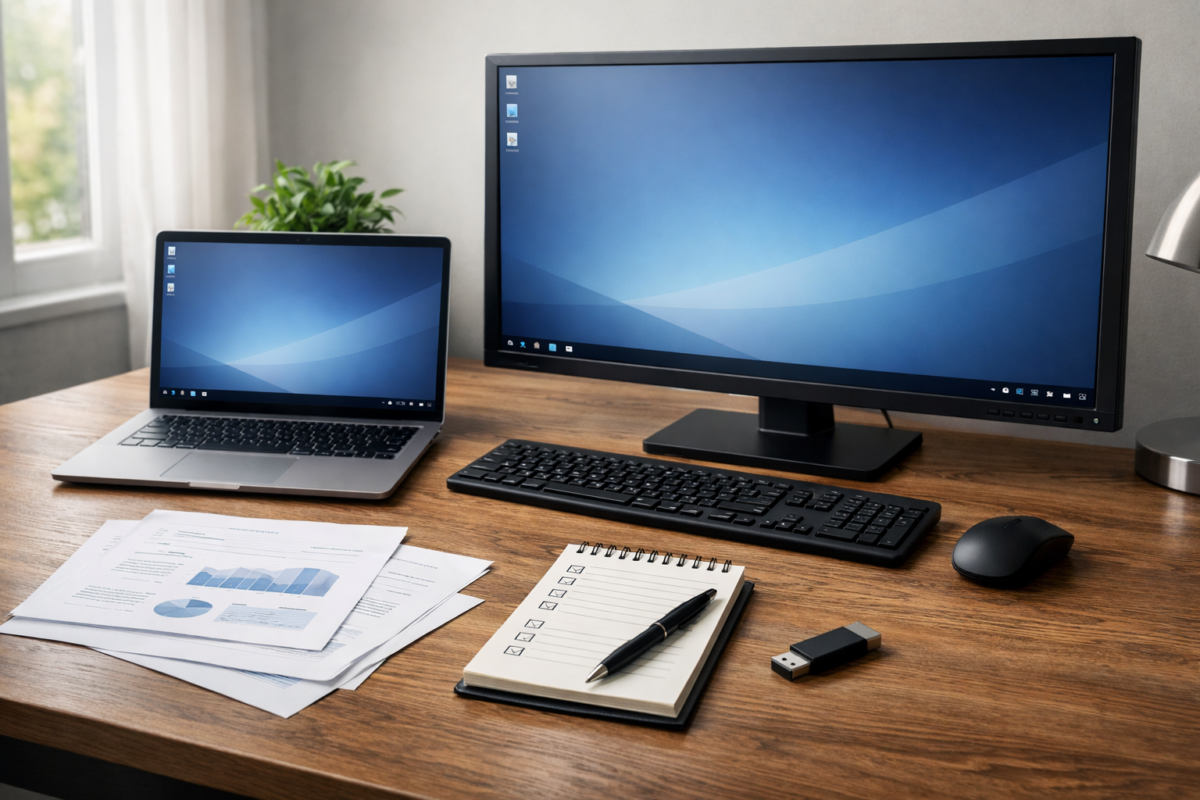 Pachet licente Microsoft — workstation cu laptop si documente pentru instalare si productivitate