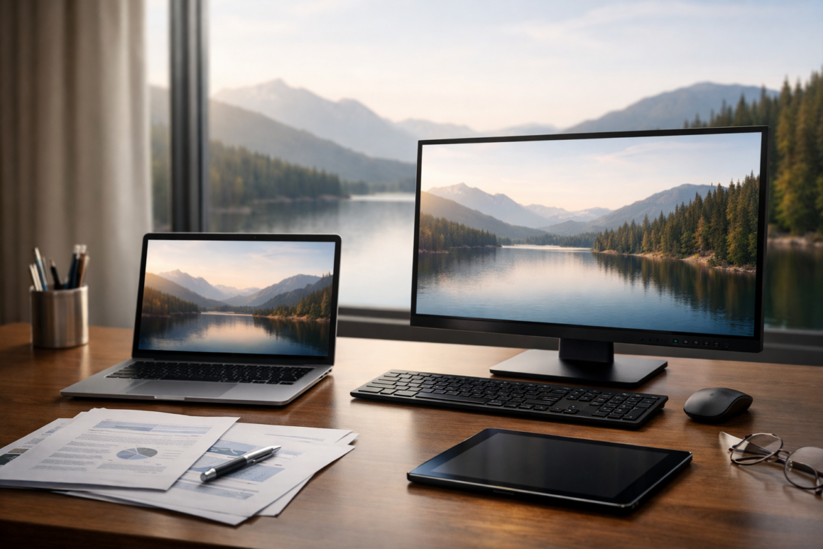 Pachet licente Windows Office: workstation cu laptop si documente pentru ghid de licentiere