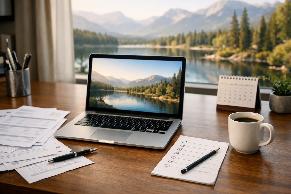 Banner explicativ pentru PROMO 1+1: laptop, facturi și listă de verificare